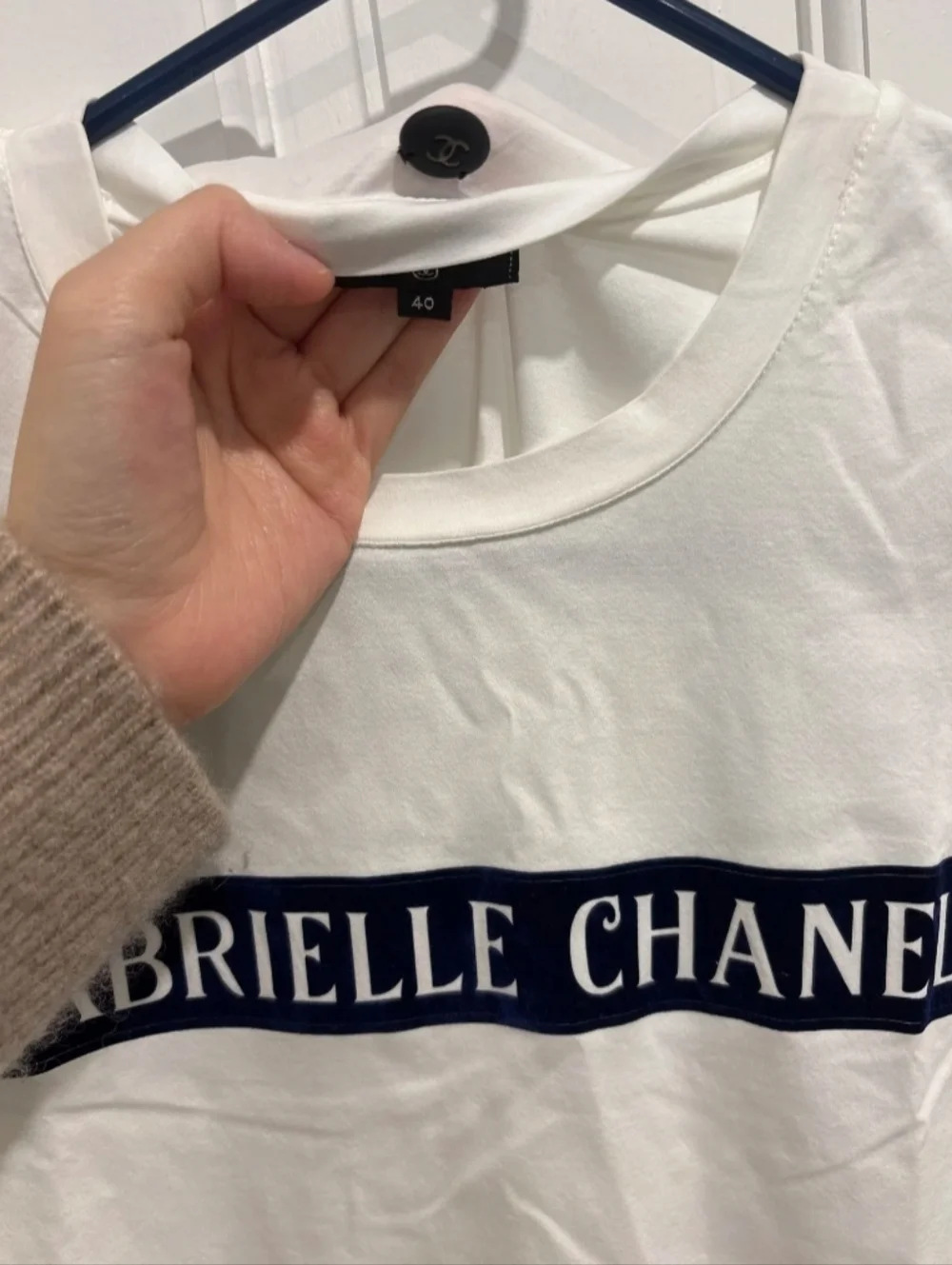 CHANEL White Cotton Tee with Navy Gabrielle Logo